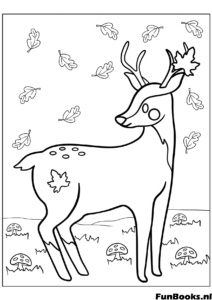 Majestätischer Hirsch steht in einer Waldlandschaft mit fallenden Blättern Ausmalbild