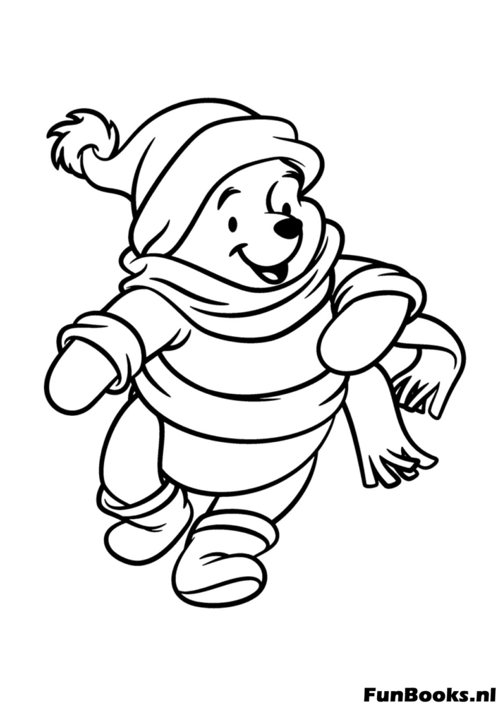 Winnie portant des vêtements d'hiver chauds faisant du patin à glace sur un lac saison vacances noël coloriage