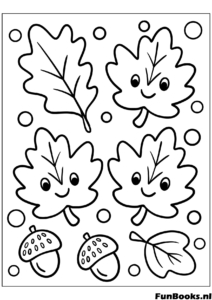 Colección de hojas de otoño con lindas caras sonrientes dibujo kawaii para colorear