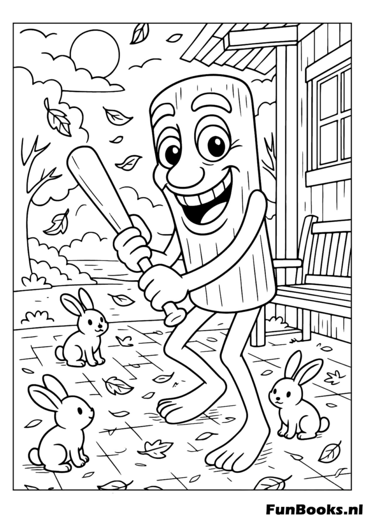 Personaje Tung Tung Sahur sosteniendo un palo con conejitos y hojas cayendo naturaleza dibujo para colorear