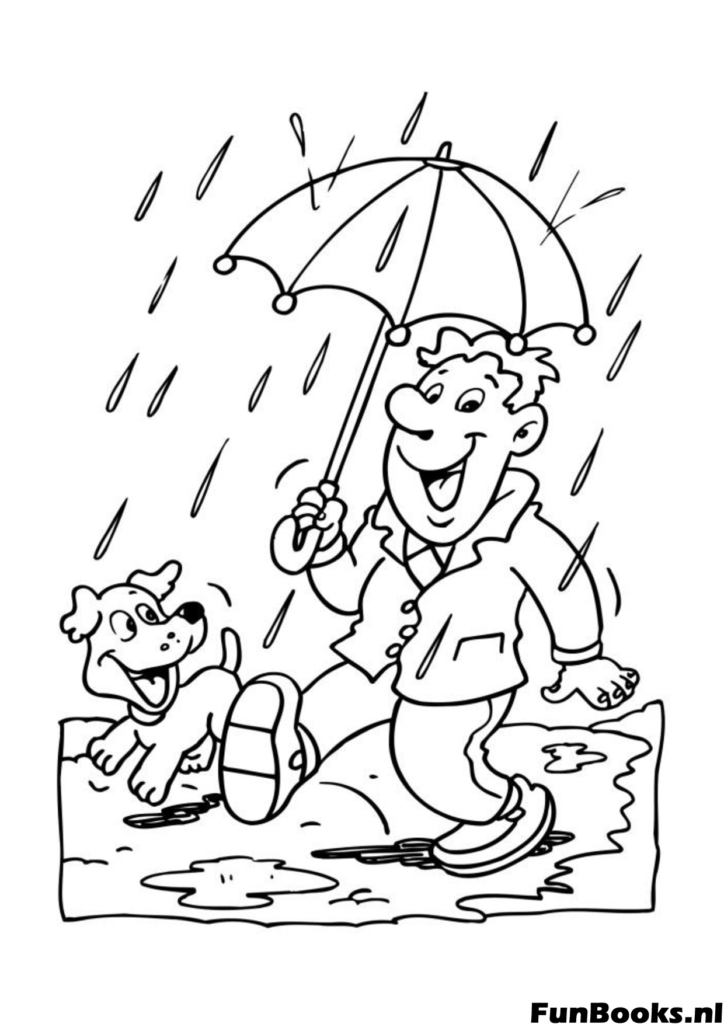 Hombre paseando a su perro bajo la lluvia sosteniendo un paraguas clima de otoño dibujo para colorear