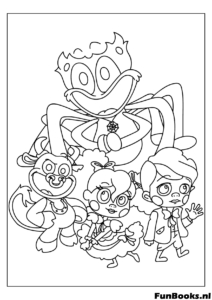 Huggy Wuggy umgeben von kleinen Mini-Huggy-Figuren Ausmalbild