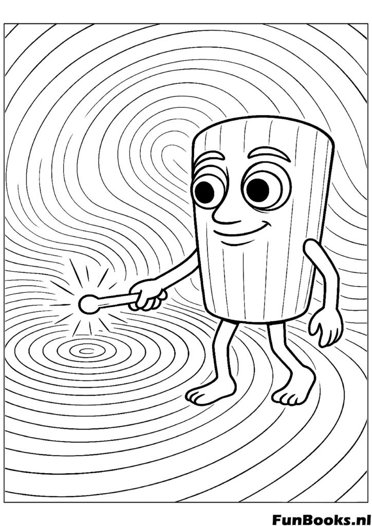 Tung Tung Sahur character standing in front of a hypnotic spiral background trippy coloring page