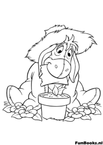 Igor el burro sentado tristemente en un hermoso jardín de flores mirando hacia abajo melancólico dibujo para colorear