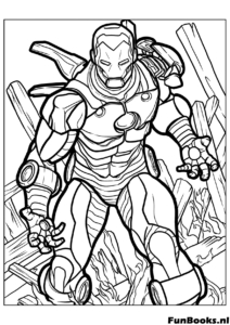 Iron Man au combat semblant endommagé parmi les débris coloriage