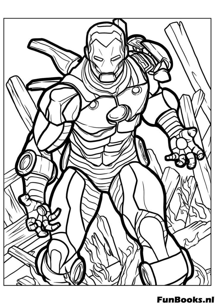 Iron Man en batalla luciendo dañado entre escombros dibujo para colorear