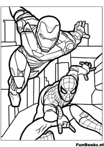 Iron Man et Spider-Man volant ensemble équipe coloriage