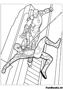 Iron Man volando y llevando a Spider-Man en la ciudad dibujo para colorear