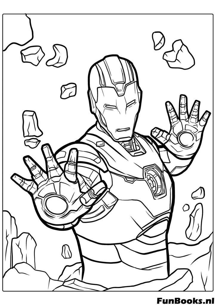 Iron Man vuurt een krachtige repulsor straal uit hand kleurplaat