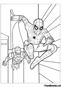 Spider-Man schwingt neben fliegendem Iron Man in New York Ausmalbild