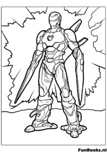 Detallado traje nano tech Iron Man Mark 85 de pie dibujo para colorear