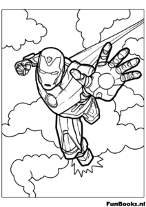 Iron Man vliegt hoog in de lucht door de wolken kleurplaat