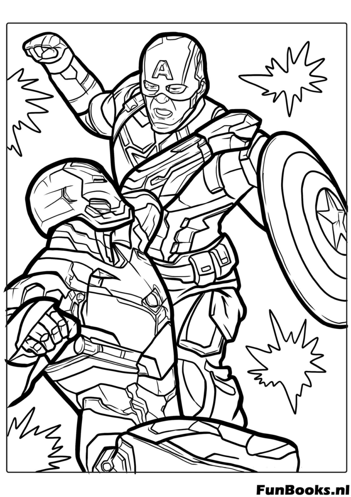 Iron Man fighting Captain America Civil War battle scene coloring page