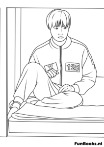 Le gentil personnage Ali Abdul joueur 199 assis sur son lit dans le dortoir ayant l'air pensif Squid Game coloriage