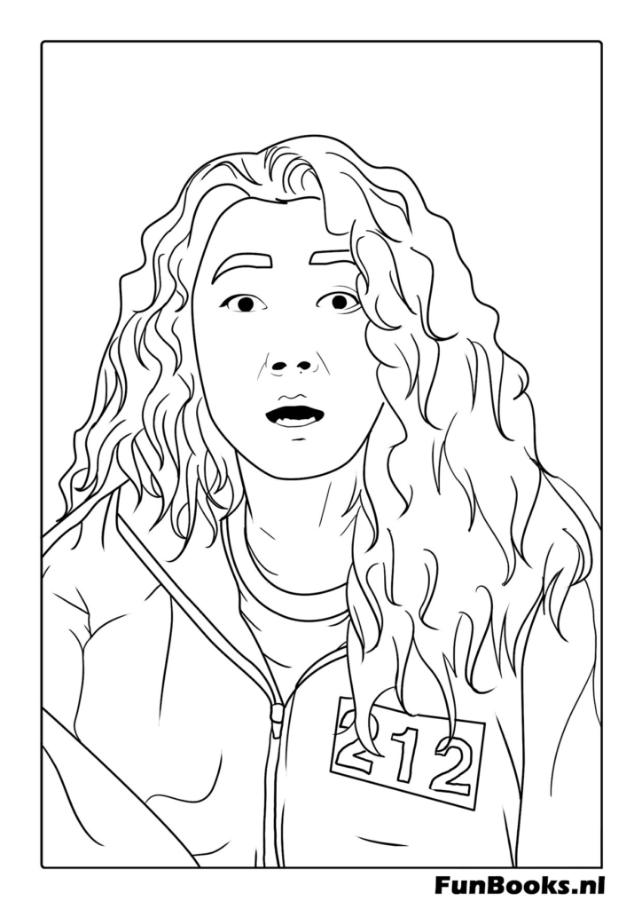Portrait détaillé de la joueuse 067 Sae-byeok ayant l'air intense avec des cheveux bouclés dans son survêtement Squid Game coloriage