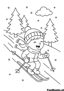 Glücklicher kleiner Junge fährt einen verschneiten Hügel hinunter genießt Wintersport Action Ausmalbild