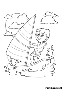 Junge windsurft auf den Meereswellen Wassersport Ausmalbild