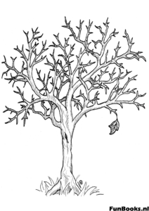 Realistischer kahler Baum mit sichtbaren Wurzeln und fallenden Blättern Natur Ausmalbild