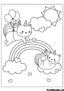 Speelse kat eenhoorn glijdt van een regenboog met een kitten vriendje kleurplaat