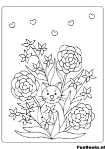 Schattig katje zit in een struik met bloeiende pioenen en rozen kleurplaat