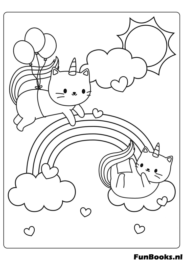 Verspielte Katze Einhorn rutscht einen Regenbogen hinunter mit einem Kätzchenfreund Ausmalbild