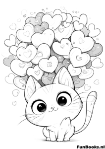 Süßes Kätzchen schaut zu einem Bündel schwebender Herzballons hoch Kawaii Ausmalbild
