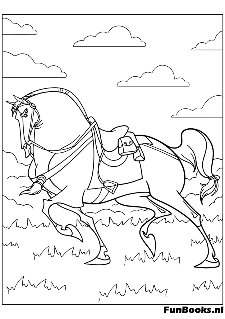 Mulan's horse Khan galloping fast across the fields animal coloring page
