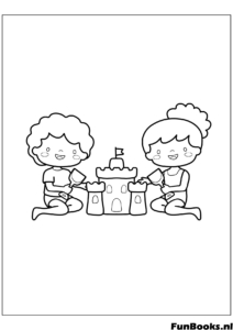 Boy and girl building a large sandcastle on the beach teamwork coloring page