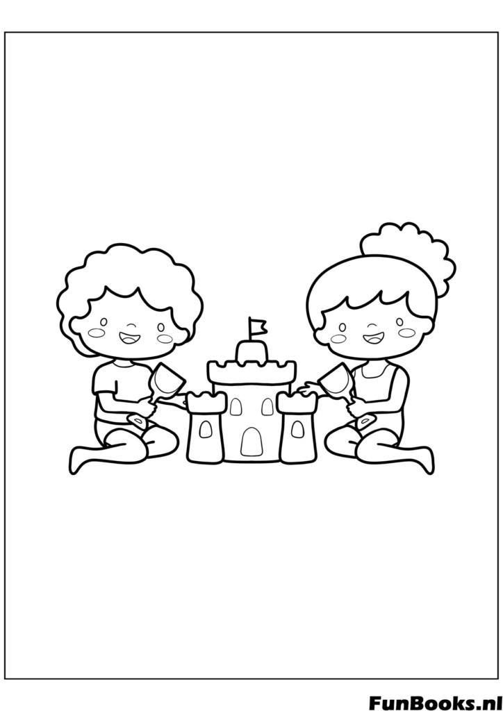 Boy and girl building a large sandcastle on the beach teamwork coloring page