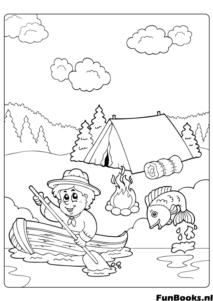 Children rowing a canoe boat on a river summer adventure coloring page