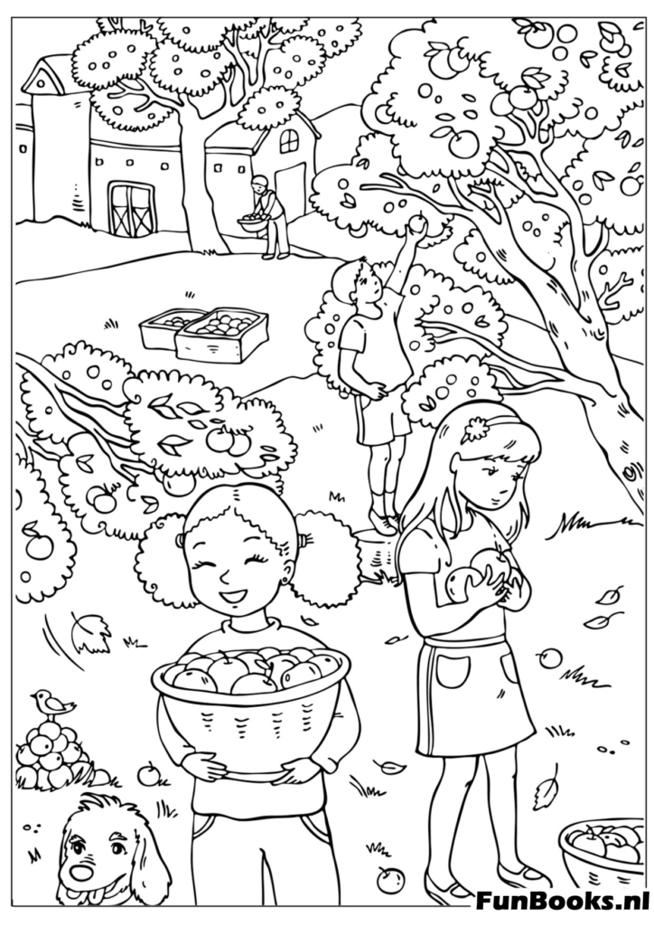 Children having a picnic in the park surrounded by autumn trees coloring page