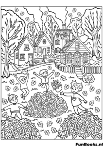 Happy children jumping and playing in a big pile of autumn leaves fun coloring page
