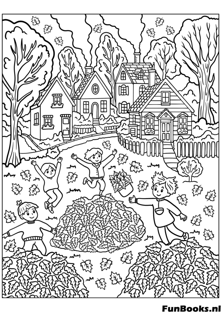 Happy children jumping and playing in a big pile of autumn leaves fun coloring page