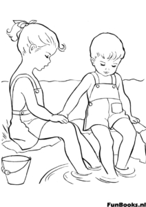 Two kids sitting in the sand filling buckets playing together coloring page