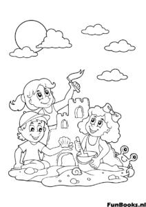 Group of kids building different sandcastles on the beach playful coloring page