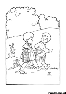 Boy and girl hiking in nature with backpacks summer outdoor activity coloring page