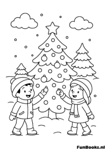 Kinder schmücken einen Tannenbaum draußen mit Ornamenten Vorbereitung auf Winterferien Ausmalbild