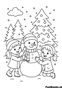 Drie blije kinderen bouwen samen een grote sneeuwpop teamwerk winteractiviteit kleurplaat