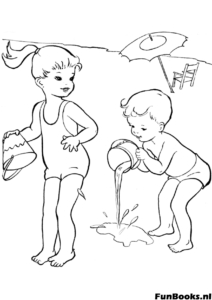 Kinderen spelen met wateremmers en zand op het strand zomerpret kleurplaat