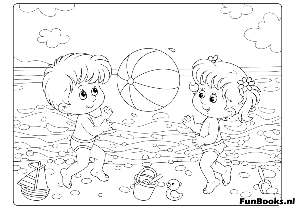 Kinderen spetteren en spelen in het water met een bal zomer vreugde kleurplaat