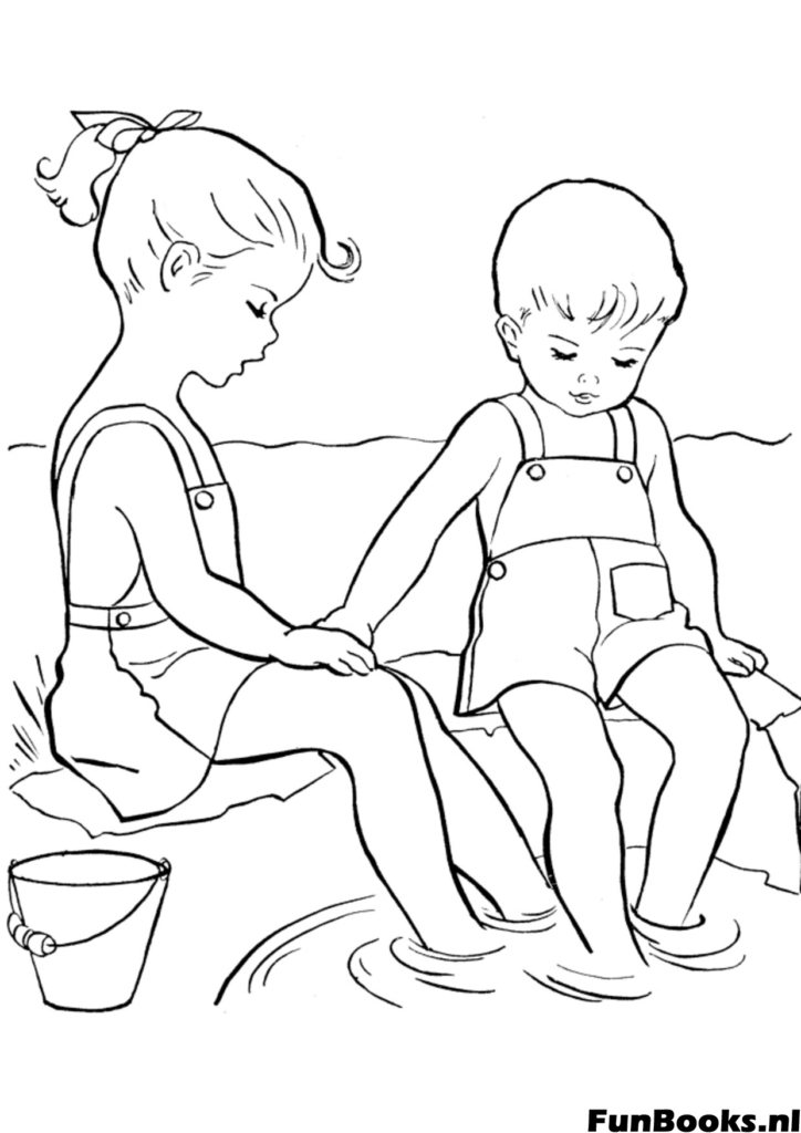 Twee kinderen zitten in het zand en vullen emmers spelen samen kleurplaat