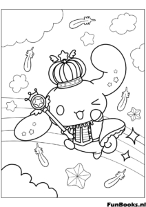 Cinnamoroll dressed as a king or prince holding a magic wand scepter coloring page