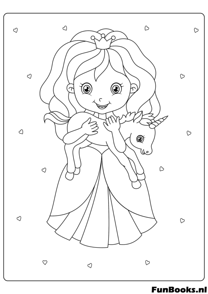 Süße kleine Prinzessin hält ein kleines Spielzeugeinhorn oder Haustiereinhorn Ausmalbild