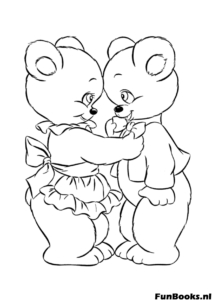 Twee schattige teddyberen knuffelen elkaar vriendschap en liefde kleurplaat voor kinderen