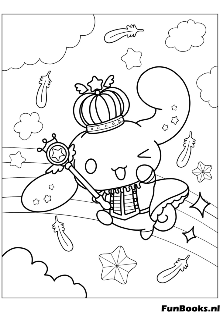 Cinnamoroll verkleidet als König oder Prinz hält einen Zauberstab Zepter Ausmalbild