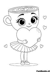 Schattig personage meisje met een kopjeshoofd houdt een hart vast kawaii kleurplaat