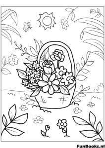 Geflochtener Korb gefüllt mit verschiedenen Frühlingsblumen unter einer strahlenden Sonne Ausmalbild
