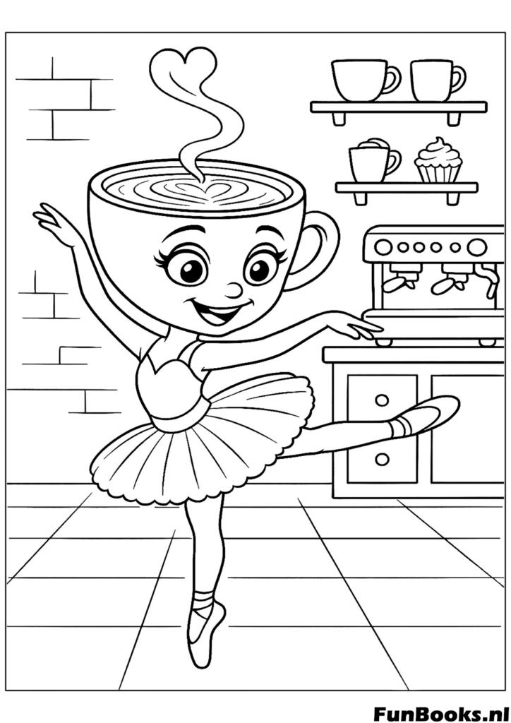 Süße Cappuccino Ballerina tanzt in einer Küche mit Regalen und Herd Ausmalbild