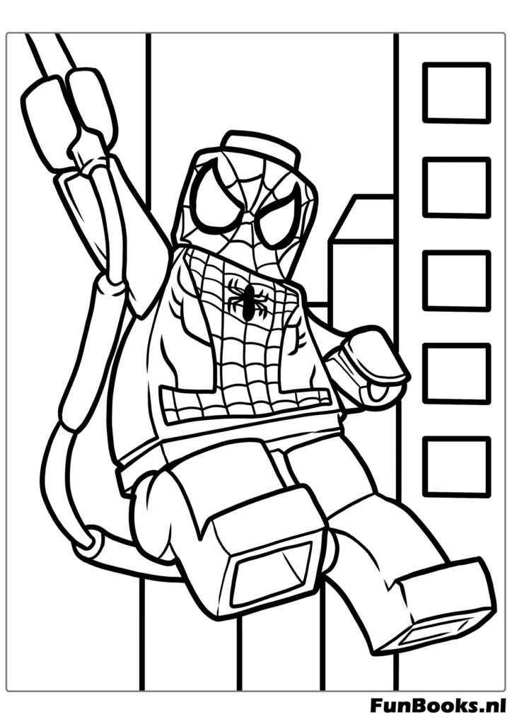 Minifigurine LEGO Spider-Man se balançant sur une corde de toile coloriage