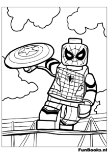 LEGO minifiguur Spider-Man houdt het schild van Captain America vast kleurplaat